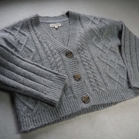 Lucky Brand Women’s L Gray Cable Knit Button Front Cardigan Sweater Cozy Knit - Picture 1 of 8
